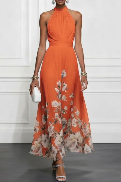 Floral Print Halter Neck Sleeveless Elegant Waist-cinching Maxi Dress
