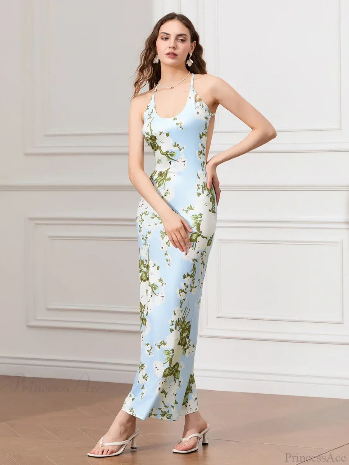 Backless Party Spaghetti Strap U-neck Bodycon Evening Floral Dress