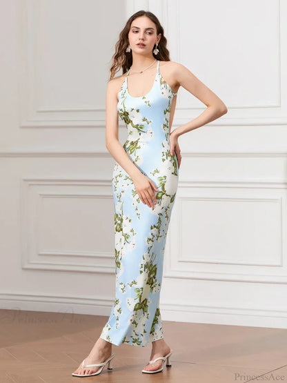 Backless Party Spaghetti Strap U-neck Bodycon Evening Floral Dress