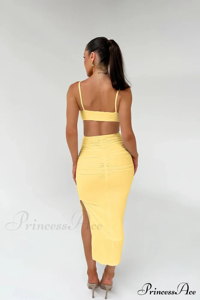 Backless Solid Fold Pleated Side Slit Summer New Women's Suspender Wrapped Buttocks Long Skirt Cut Out Dress