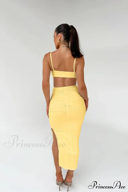 Backless Solid Fold Pleated Side Slit Summer New Women's Suspender Wrapped Buttocks Long Skirt Cut Out Dress