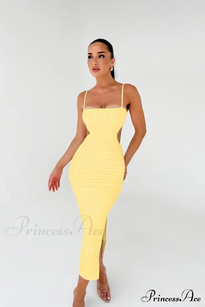 Backless Solid Fold Pleated Side Slit Summer New Women's Suspender Wrapped Buttocks Long Skirt Cut Out Dress