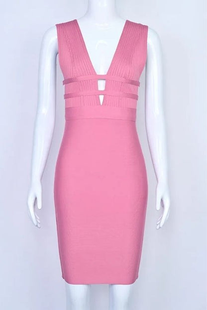 Ballet Pink Deep V-Neck Cage Cut Out Bandage Bodycon Midi Dress