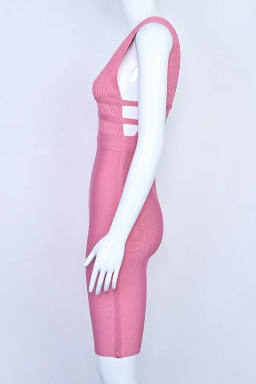 Ballet Pink Deep V-Neck Cage Cut Out Bandage Bodycon Midi Dress