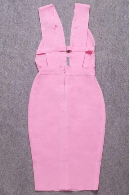 Blush Pink Bandage Deep V-Neck Ribbed Bodice Cut Out Midi Dress