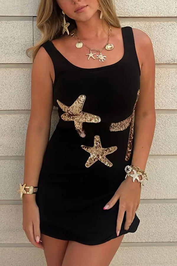 Beachside Dreams Starfish Sequin Wave Hem Stretch Tank Mini Dress