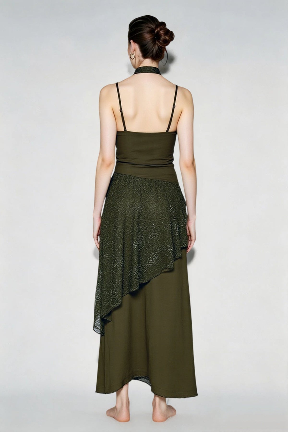 Lace Trim Sheer Waist Tie Cami Maxi Lace Dress