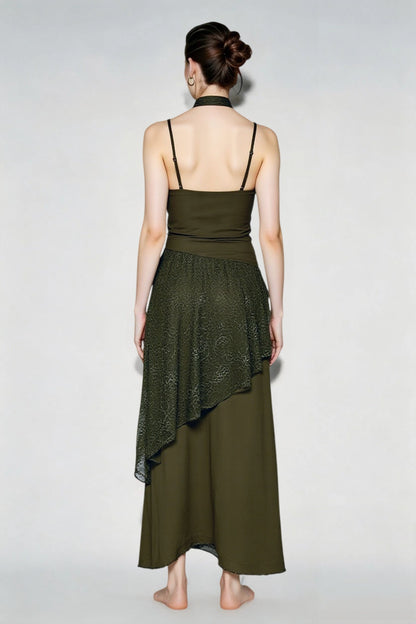 Lace Trim Sheer Waist Tie Cami Maxi Lace Dress
