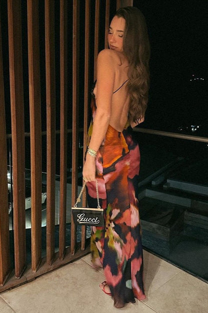 Floral Print Lace Trim Spaghetti Strap Deep V-Neck Bodycon Maxi Dress
