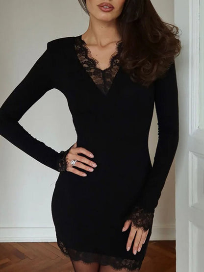 Black Lace Trim Deep V-Neck Long Sleeve Scalloped Hem Bodycon Mini Dress