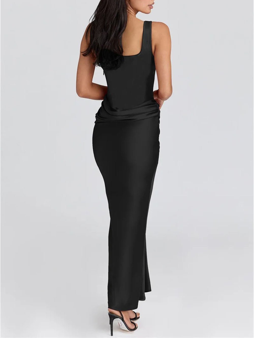 Black Corset Scoop Neck Wide Strap Ruched Waist Satin Maxi Dress