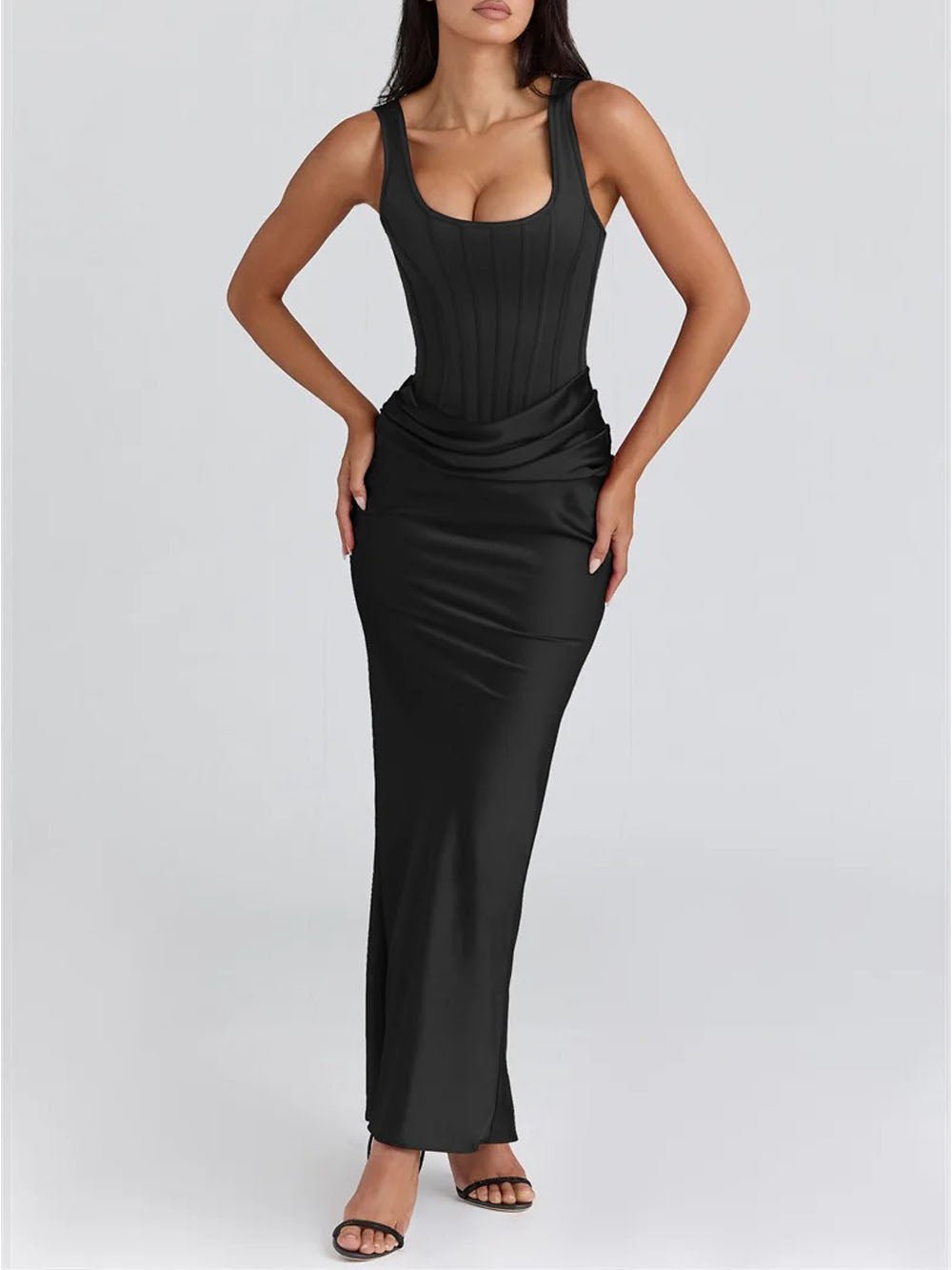 Black Corset Scoop Neck Wide Strap Ruched Waist Satin Maxi Dress