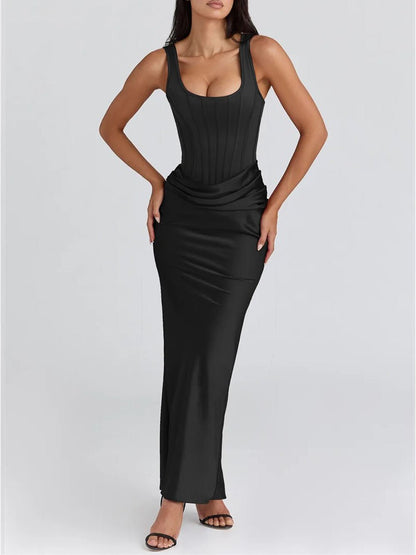 Black Corset Scoop Neck Wide Strap Ruched Waist Satin Maxi Dress