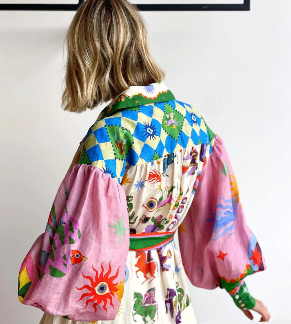Graphic Print Collared Long Sleeve Belted Button Front Maxi Shirt Dress