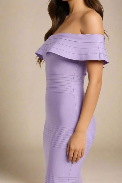 Violet Purple Off Shoulder Ruffle Flounce Bandage Bodycon Midi Dress