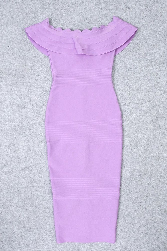 Violet Purple Off Shoulder Ruffle Flounce Bandage Bodycon Midi Dress