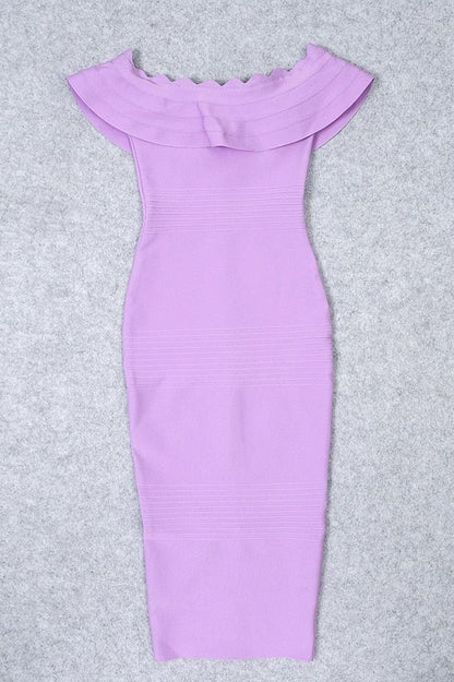 Violet Purple Off Shoulder Ruffle Flounce Bandage Bodycon Midi Dress