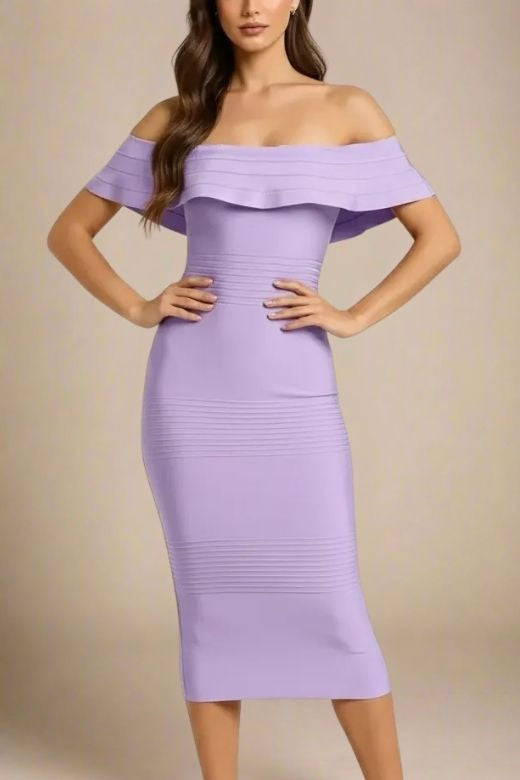 Violet Purple Off Shoulder Ruffle Flounce Bandage Bodycon Midi Dress