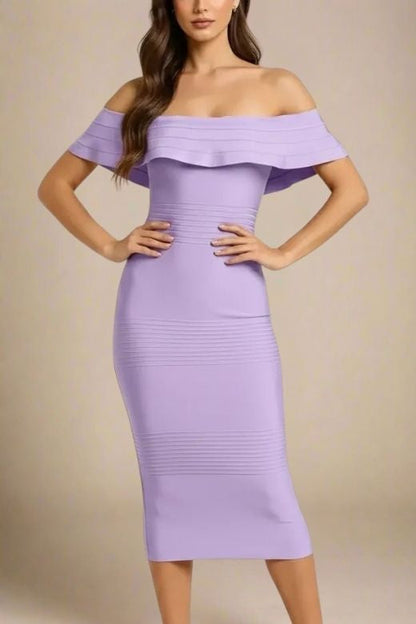 Violet Purple Off Shoulder Ruffle Flounce Bandage Bodycon Midi Dress