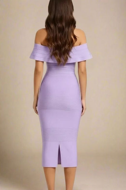 Violet Purple Off Shoulder Ruffle Flounce Bandage Bodycon Midi Dress