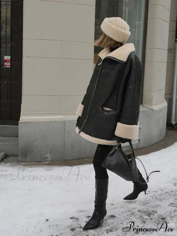 Black Faux Leather Charming Fur Lining Coat