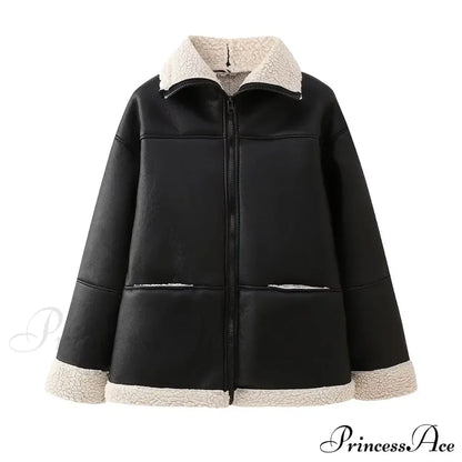 Black Faux Leather Charming Fur Lining Coat
