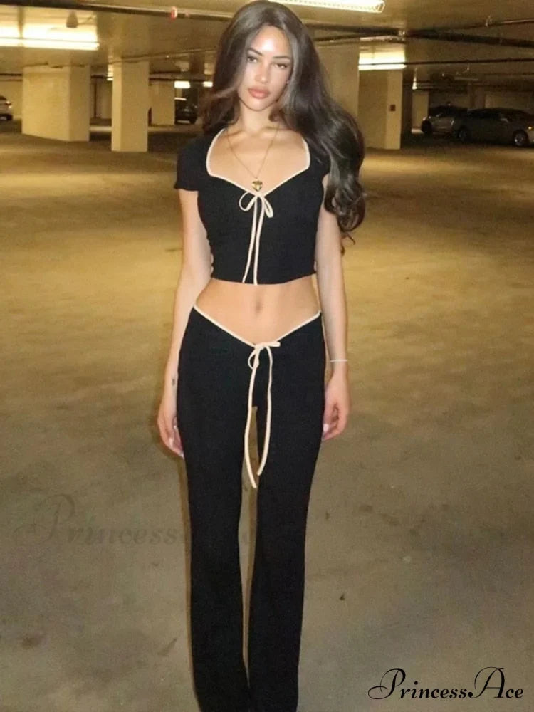 Black Ribbon Tie-Up Top Graceful And Pants Two Piece Set