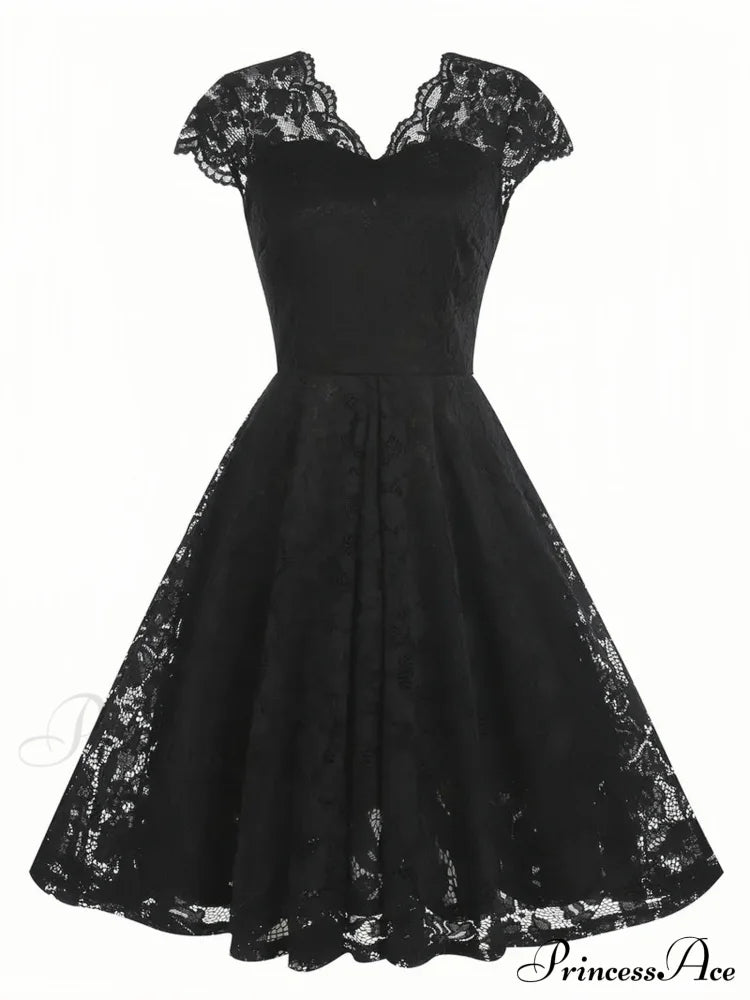 Black V Neck Cap Sleeve A Line Dress for Parties