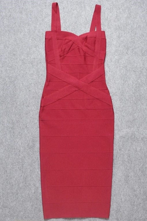 Red Wine Bandage Sweetheart Neck Criss Cross Bodycon Midi Dress