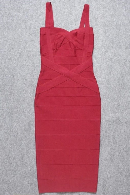 Red Wine Bandage Sweetheart Neck Criss Cross Bodycon Midi Dress