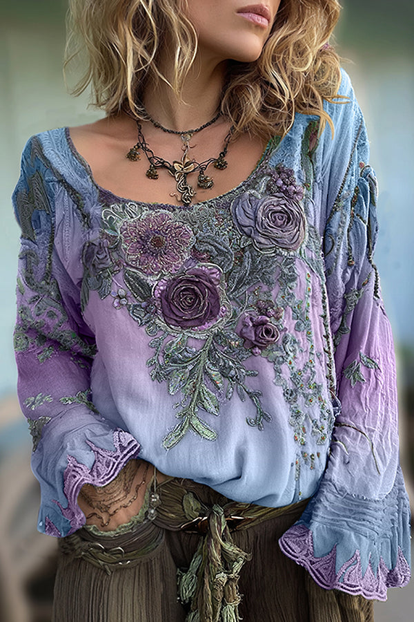 Bohemian Floral Print Round Neck Long-sleeved Loose Top