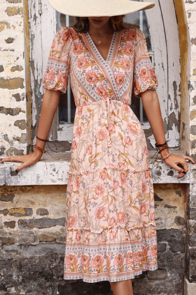 Deep V Neck Puff Sleeve Drawstring Waist Tiered Border Floral Midi Dress