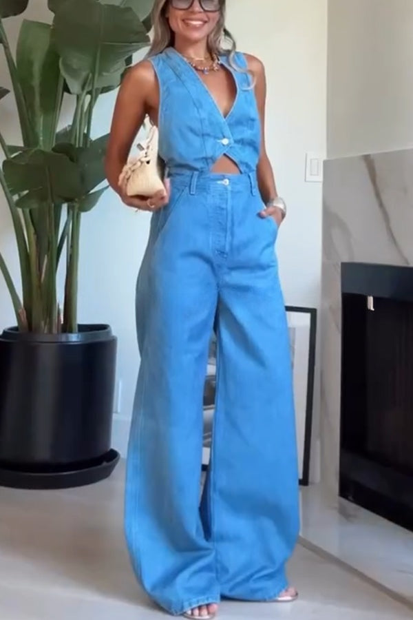 Bold Design Denim Vest-inspired Bodice Crisscross Strap Pocket Loose Jumpsuit
