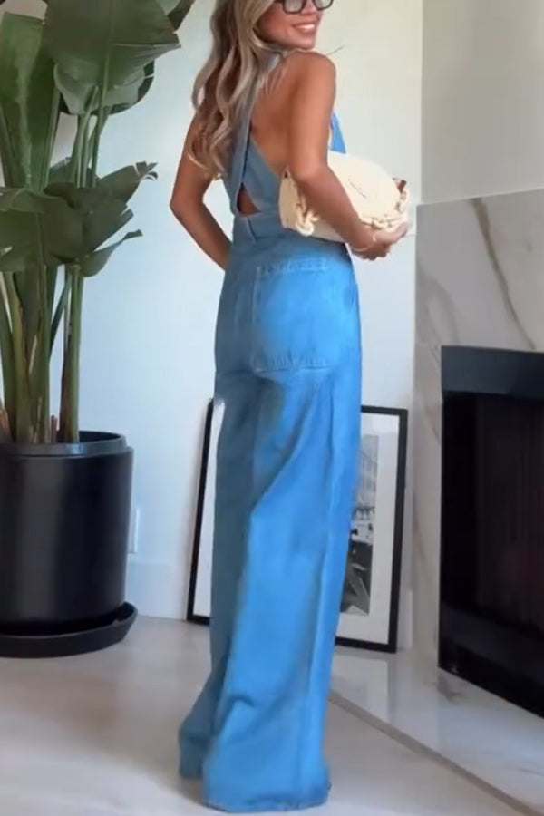 Bold Design Denim Vest-inspired Bodice Crisscross Strap Pocket Loose Jumpsuit