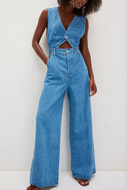 Bold Design Denim Vest-inspired Bodice Crisscross Strap Pocket Loose Jumpsuit