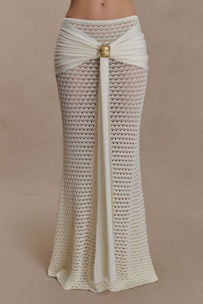 Mania Knit Hardware Detail Bell Sleeve Crop Top and Gathered Overlay Sash Stretch Maxi Skirt Set