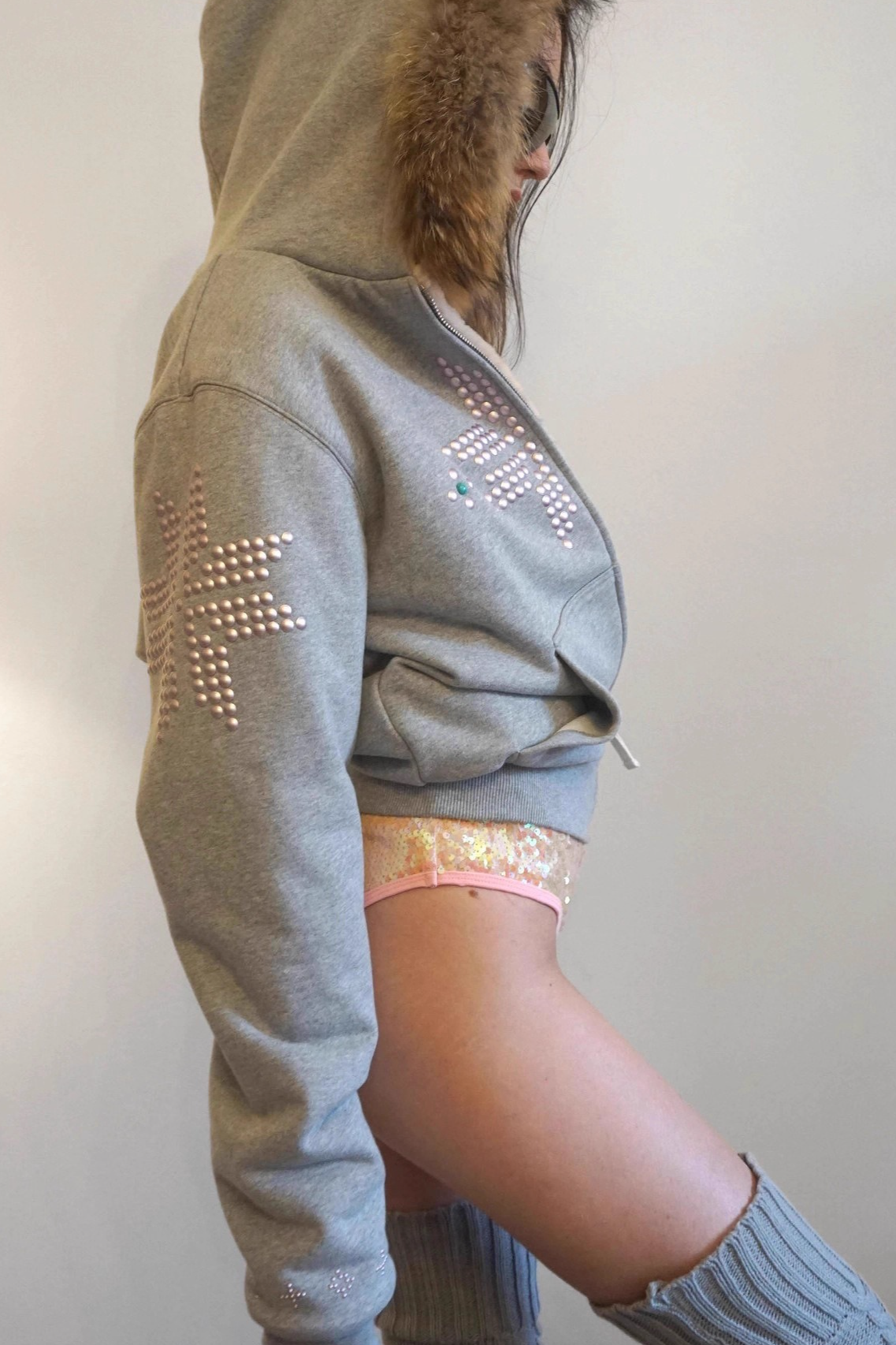 Glam Rhinestone Faux Fur Collar Zip Waist Cinch Hoodie