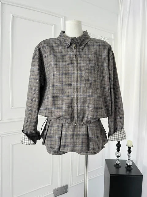 Sweet Hot Girl College Style Suit Women's Autumn Plaid Loose Zipper Jacket High Waist A-line Skirt Two-piece Set Female Clothes