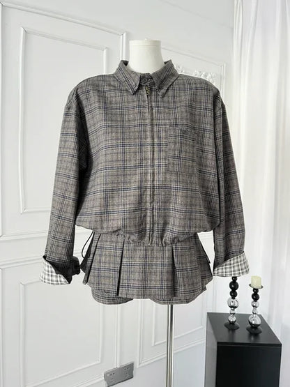Sweet Hot Girl College Style Suit Women's Autumn Plaid Loose Zipper Jacket High Waist A-line Skirt Two-piece Set Female Clothes