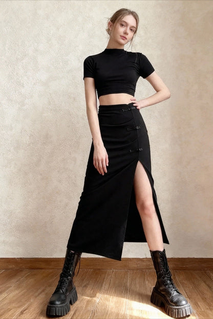 Black Women A-line Slits High Waist Slim Hip-covering Solid Mid-length Long Streetwear Skirt