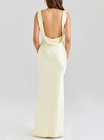 Yellow Satin Cowl Neck Cross Panel Seam Mermaid Maxi Dress