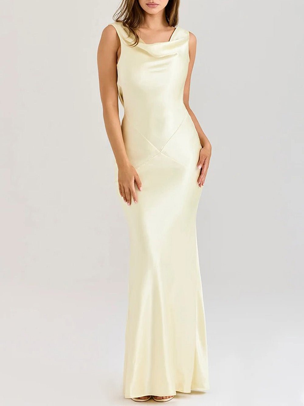 Yellow Satin Cowl Neck Cross Panel Seam Mermaid Maxi Dress