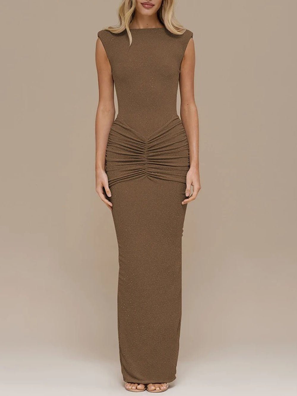 Brown Glitter Knit Boat Neck Sleeveless Ruched Waist Column Maxi Dress