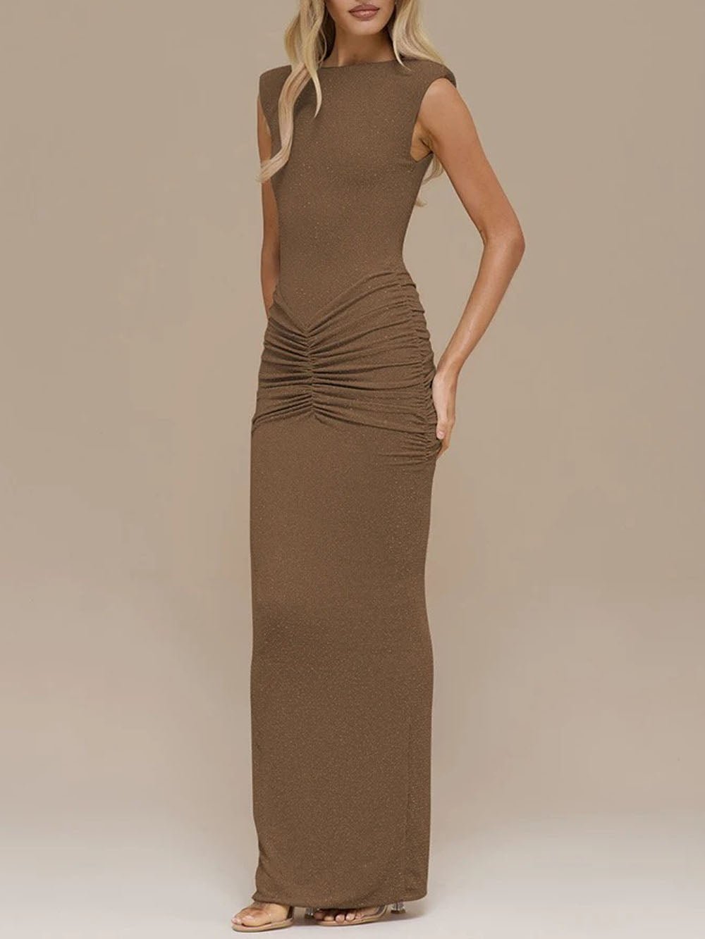 Brown Glitter Knit Boat Neck Sleeveless Ruched Waist Column Maxi Dress