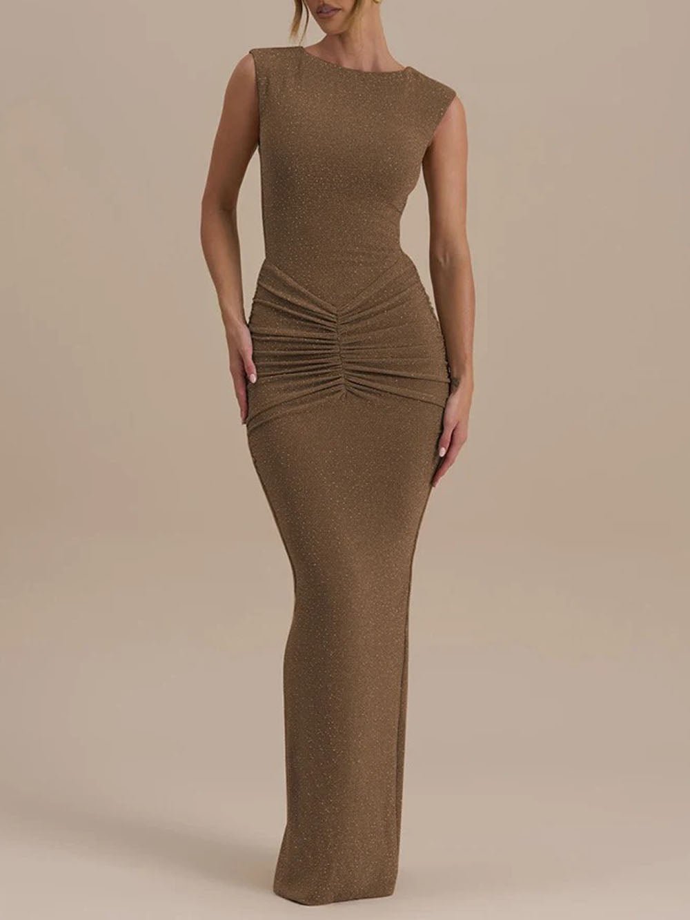 Brown Glitter Knit Boat Neck Sleeveless Ruched Waist Column Maxi Dress
