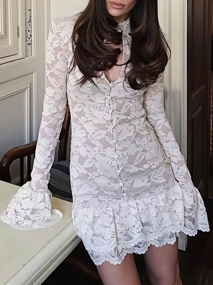 White Lace Mock Neck Keyhole Long Sleeve Bell Cuff Tiered Hem Mini Dress