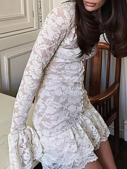 White Lace Mock Neck Keyhole Long Sleeve Bell Cuff Tiered Hem Mini Dress