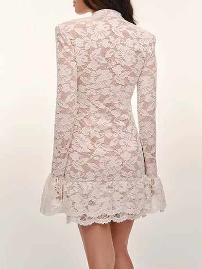 White Lace Mock Neck Keyhole Long Sleeve Bell Cuff Tiered Hem Mini Dress