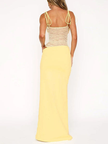 Yellow Lace Corset Spaghetti Strap Square Neck Cut Out Bodycon Maxi Dress