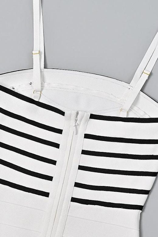 Pearl White Spaghetti Strap Square Neck Stripe Bodice Bandage Mini Dress